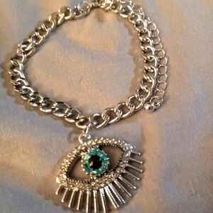 STERLING CURB LINK EVIL EYE BRACELET / ANKLET WHITE TOPAZ/BLUE FITS 6 to 10 in